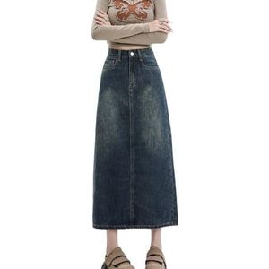 Dames Casual Mid Denim Rokken Achtersplit Hoge Taille A-Lijn Losse Pasvorm Rechte Lange Jeansrokken Met Zakken,Blauw,L