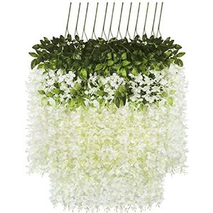 12 stuks kunstbloemen, Wisteria, wijnstok, blauwe bloemen, kunstbloemen, kunstbloemen, hangende planten, kunststof, voor de decoratie van bruiloft, thuis, feest, kantoor, hotel, vensterbank, wit