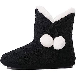 Slipper Vrouwen/Dames Slippers Bont Gevoerd Inclusief Pom Poms | Zwart - M (38-39)