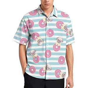 Roze grappig mopshond en donut Hawaiiaans shirt voor heren, zomer, strand, casual korte mouwen, button-down shirts met zak