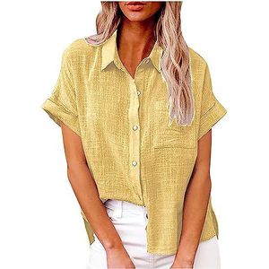 Dames casual shirts zomer korte mouw button down blouses vakantie strand basic kraag tops plus maat S 5XL verkoop, mode dames tops UK, Geel, 5XL