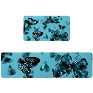 VAPOKF 2 stuks keukenmat blauw vliegend vlinder insect, antislip wasbaar vloertapijt, absorberende keukenmat loper tapijt voor keuken, hal, wasruimte