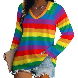 Regenboog gestreepte LGBT-vlag dames lange mouw V-hals T-shirts herfst tops pullover tuniek T-shirt voor leggings