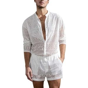 JHBTFQ Mesh Netpak Zomerset voor Heren, Hawaii Kant Spier Transparant Shirt met Lange Mouwen Clubwear,Wit,3XL
