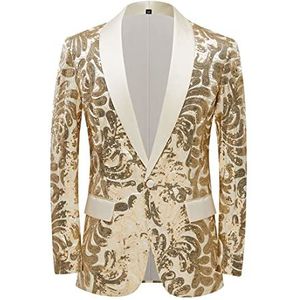 PYJTRL Herenblazer met elegant satijnen gezicht en pailletten, bloemenpatroon, champagne goud, M