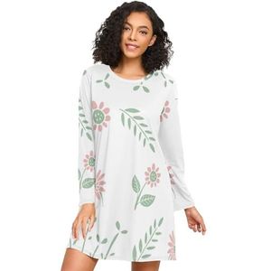 LI ZHI XIN Nachthemd voor dames, lange mouwen, nachthemd, nachthemden, slaapkleding, ronde hals, losse grote maten, nachtkleding, XXXL, lente, bloemen, bloemen, groene bladeren, Meerkleurig, S