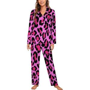 Roze Luipaardprint Vrouwen Lange Mouw Button Down Nachtkleding Zachte Nachtkleding Lounge Pyjama Set XL