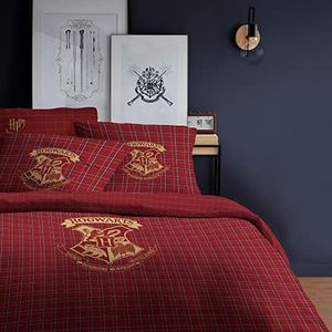 Harry Potter Tartan Beddengoed, 220 x 240 cm, omkeerbaar, 100% katoenflanel, Oeko-Tex, dekbedovertrek voor tweepersoonsbed, 220 x 240 cm + 2 kussenslopen 63 x 63 cm, rood