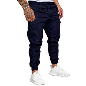 SOMTHRON Elastische tailleband voor heren, lange katoenen joggingbroek, sweatbroek, plus size, mode, sport, cargobroek, shorts met zakken, joggingbroek, activewear broek, Donkerblauw, 3XL