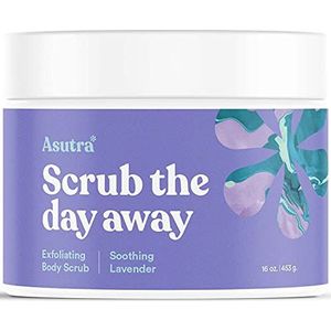ASUTRA Body Scrub uit de Dode Zee (rustgevende lavendel), groter formaat 473 ml, ultra-hydraterend, zacht en hydraterend, kokos-, lavendel- en bergamotte-olie, inclusief houten lepel