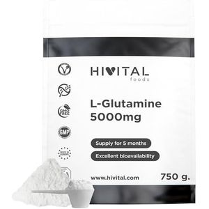 L-Glutamine 5000 mg voor 5 maanden behandeling. 750 gram Glutamine Aminozuur, 100% Veganistisch, in Poedervorm en Smaakloos. Gefabriceerd in Europa door HIVITAL