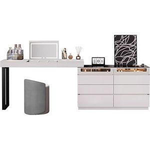 Tafel & Stoel Wastafelset, Make-up Tafel met Verlichte Spiegel Kaptafel met Acht Ruime Laden voor Vrouwen(Bianco)