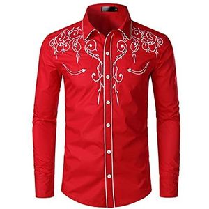 NW Mens stijlvolle westerse cowboy shirt geborduurd slim fit casual lange mouwen shirts heren bruiloft party shirt, Rood, M