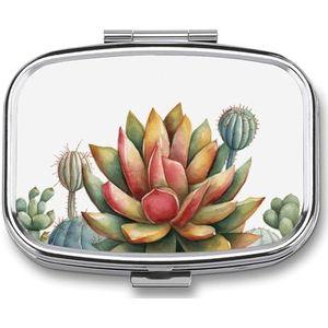 Aquarel vetplanten pillendoosje met 2 compartimenten, pillenorganizer, draagbare vierkante pillendoos, vitaminepillenorganizer voor zakportemonnee en reizen