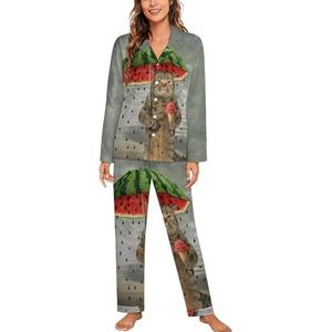 Leuke Kat Holding Watermeloen Paraplu Ijs Vrouwen Lange Mouw Button Down Nachtkleding Zachte Nachtkleding Lounge Pyjama Set 2XL