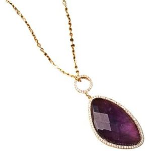 Natural Sunstone Pendant With Micro Zircon Women Classic Fashion Crystal Real 18k Gold Short Choker Necklace Party Jewelry Gifts (Color : Amethyst)