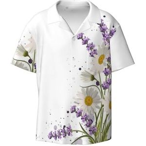OdDdot Lavendel en madeliefjes print herenoverhemden atletisch slim fit korte mouw casual zakelijk overhemd met knopen, Zwart, XL