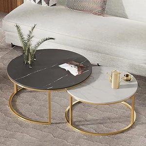 Moderne woonkamer salontafel nest salontafel ronde set van 2, marmeren textuur stapelbare salontafels, moderne accent bijzettafel, woonkamer sofa tafel, metalen frame eenvoudige montage (kleur: zwart