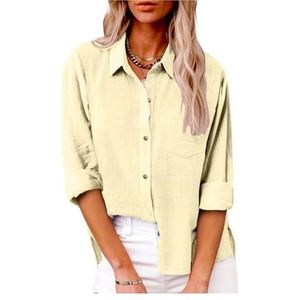 Dames katoenen linnen button-down overhemd 2024 lente casual effen kleur shirts met lange mouwen losse werktops met zakken(Color:Beige,Size:3XL)