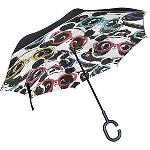 RXYY Winddicht Dubbellaags Vouwen Omgekeerde Paraplu Leuke Panda Bril Print Waterdichte Reverse Paraplu voor Regenbescherming Auto Reizen Outdoor Mannen Vrouwen