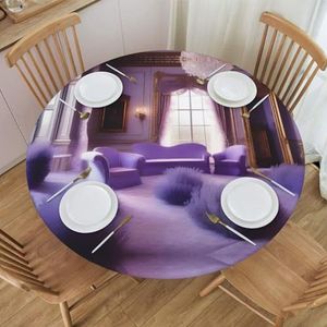 Paars kasteel patroon rond tafelkleed, waterdicht en afveegbaar met elastische randen, geschikt voor het decoreren van ronde tafels.