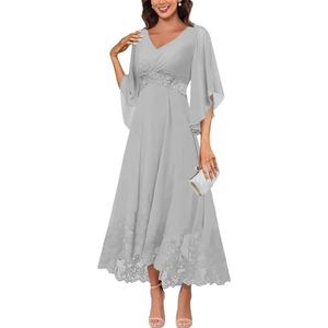KIYNE Flutter mouw V-hals chiffon moeder van de bruid jurken met kant appliqué formele avondjurk voor vrouwen, Zilver, 32