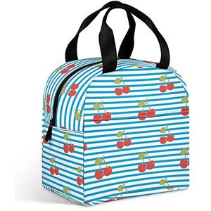 Kersenpatroon met blauwe strepen dames lunchtas met grote zak geïsoleerde lunchbox voor mannen reizen picknick werk grappig
