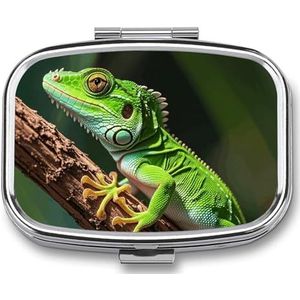 Green Geckos pillenetui met 2 compartimenten, pillenorganizer, draagbaar, vierkant, pillendoos, organizer voor vitaminepillen voor zakportemonnee en reizen