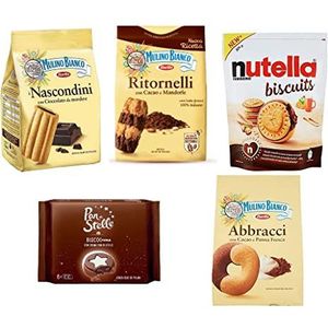 Testpakket Mulino Bianco Ferrero Pan di Plaats koekjes Biscuits Cookies 5 stuks Abbracci - Nascondini - Nutella Biscuits - Ritornelli - Biscocrema