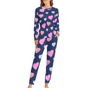 Aquarel Harten Zachte Dames Pyjama Lange Mouw Warm Fit Pyjama Loungewear Sets met Zakken S