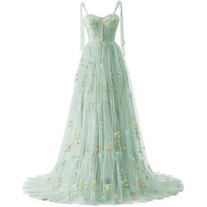 SAYNO Bloem Borduurwerk Tule Bruidsmeisje Jurk voor Bruiloft Prom Jurken Plooien Cocktail Jurken Plus Size, B-mint Groen, 32