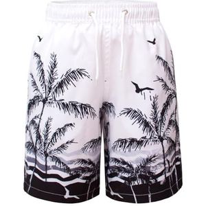 Hill & Sea Zwembroek voor jongens, sneldrogend, boardshorts, ademend, waterafstotend, zwemshorts met mesh-voering, zakken en verstelbaar trekkoord, maat 140-176, Wit Zwart Boom, 176