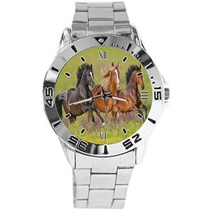Running Horse Fashion Womens Horloges Sport Horloge voor Mannen Casual Rvs Band Analoge Quartz Horloge, Zilver, armband
