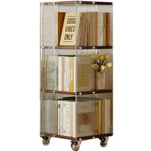 ZHDLDPUK Draaiende boekenkast, draaibare boekenkast, spiraalvormige boekenplank, helder acryl en massief hout roterende boekenkast voor woonkamer, slaapkamer en speelkamer, vierkant