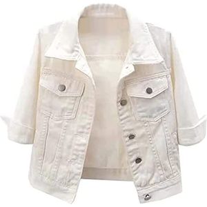 Dames Spijkerjasje, Casual Jasje Met 3/4 Mouwen Voor Dames, Retro Spijkerjasje Met Opgerolde Mouwen, Crop Top, Mode 3/4 Korte Mouwen (Color : White, Size : M)