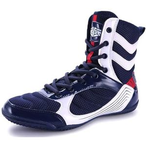 Hiuzylqx Hoge boksschoenen voor heren, lichtgewicht worstelschoenen met rubberen zool voor tieners, Muay Thai, kickboksen, sparren,Blauw,44 EU