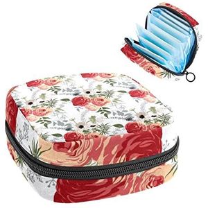 Rood Roze Rose Floral Pattern,Periode Pouch Draagbaar,Tampon Opbergtas,Tampon Houder voor Portemonnee Vrouwelijke Product Organizer, Meerkleurig, 4.7x6.6x6.6 in/12x17x17 cm
