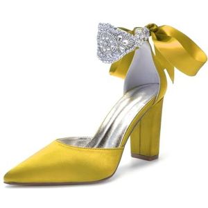HFWXYSA Dames Puntige Neus Bruids Pumps Chunky Blok Hoge Hakken Jurk Feest Trouwschoenen Strass Enkelbandje Hof Schoenen,Geel,37 EU