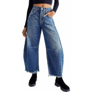 Barrel Jeans Dames, Vintage Baggy Wide Leg Jeans Barrel Horseshoe Boyfriend Cropped Raw Zoom Denim Pant(Color:Navy Blue,Size:S)