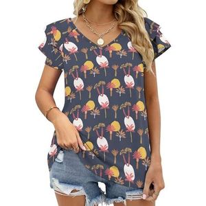 Palm Tree Graphic Blouse Top Voor Vrouwen V-hals Tuniek Top Korte Mouw Volant T-shirt Grappig