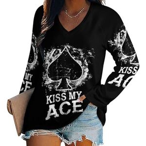 Kiss My Ace Damesshirt met V-hals en lange mouwen, casual, losse pasvorm