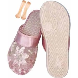 Chinese Mesh Slippers Voor Vrouwen, Vrouwen Bloemen Kralen Ademende Mesh Chinese Slippers Voor Vrouwen Met Sokken (Color : Pink, Size : 36 EU)