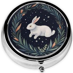 Schattige schattige witte konijn draagbare pillendoos - ronde pillenorganisator, doseerkoffer, 3 compartimenten medicijnpillendoosje voor reizen, kleine pillendoos voor portemonnee en zak