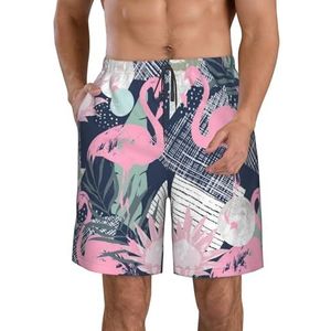 PHTZEZFC Rode flamingo en bladeren print heren strandshorts zomer shorts met sneldrogende technologie, licht en casual, Wit, XL