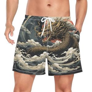 Vintage Japanse Dragon Animal Men's Swim Trunks Shorts Sneldrogend met Zakken, Leuke mode, L