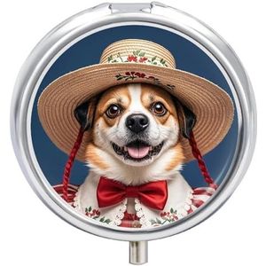Hond met hoed pillendoos 3 compartimenten reispillenorganisator 3 keer per dag schattige mini pillenetui voor portemonnee en zak draagbare metalen medicijndoos met spiegel ronde dagelijkse