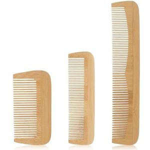 Xizhiwan 3-delige bamboe set, houten kam met fijne tanden antistatisch tot hout, uniseks, steil haar, krullend, golvend, lang haar, baardkam