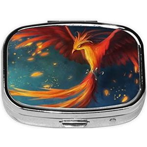 Mini vierkante pillendoos, medicijnorganizer, oranje-rode Phoenix draagbare EHBO-doos, reispillendoos met 2 vakken, kleine pillendoos voor zak of portemonnee