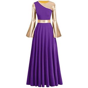 IMEKIS Vrouwen Liturgische Lof Dans Jurk Metallic Splice Lyrische Dancewear Bell Mouw Casual Swing Rok Kerk Aanbidding Gebedsjurken Ballroom Kostuum, Paars, L