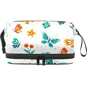 Dubbele Laag Cosmetische Tas Kleine Vlinders Draagbare Make-up Tas Reizen Organizer Pouch voor Vrouwen Meisjes Toiletartikelen Tassen, Meerkleurig, 27x15x14 cm/10.6x5.9x5.5 in, Make-up zakje